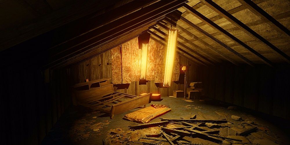 Broken furniture scattered around a dimly lit attic