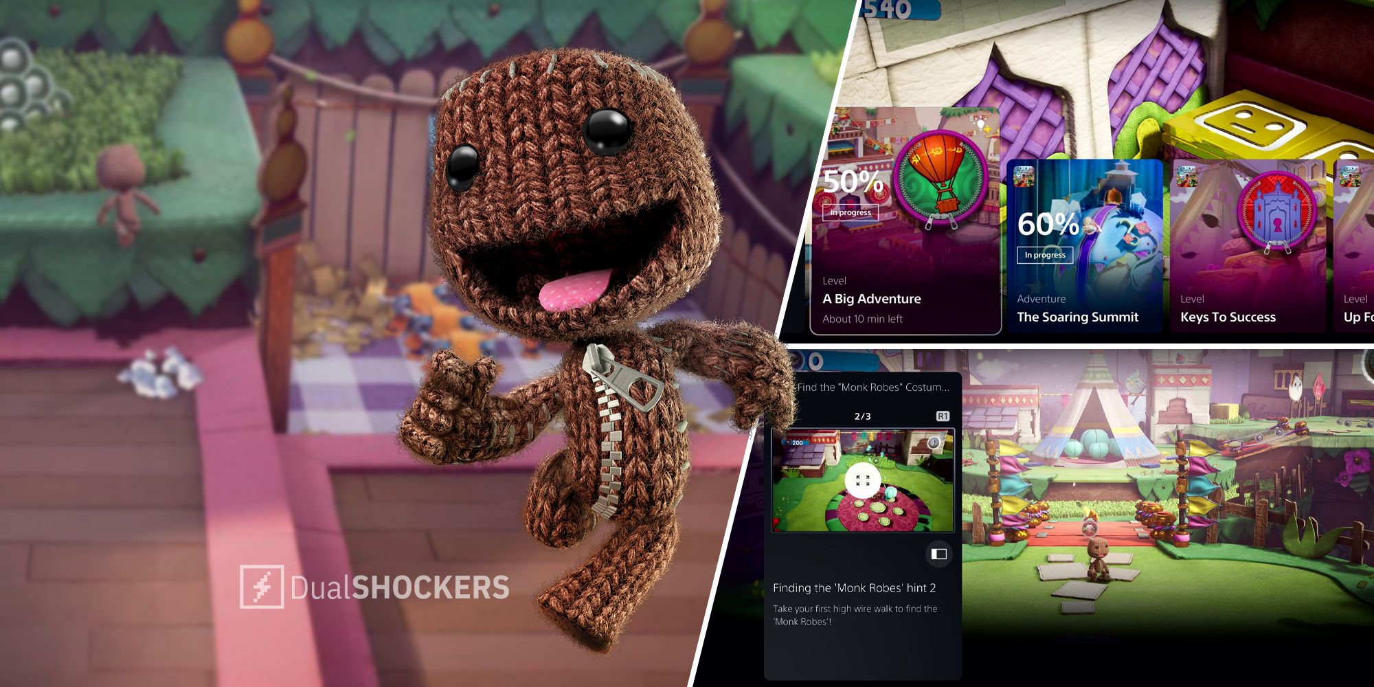 PS5 Sackboy A Big Adventure on left, activity cards on top and bottom right