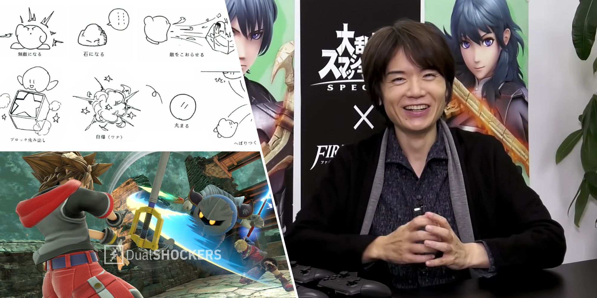 Kirby's Adventure original concept drawings on top left, Smash Bros on bottom left, Masahiro Sakurai on right