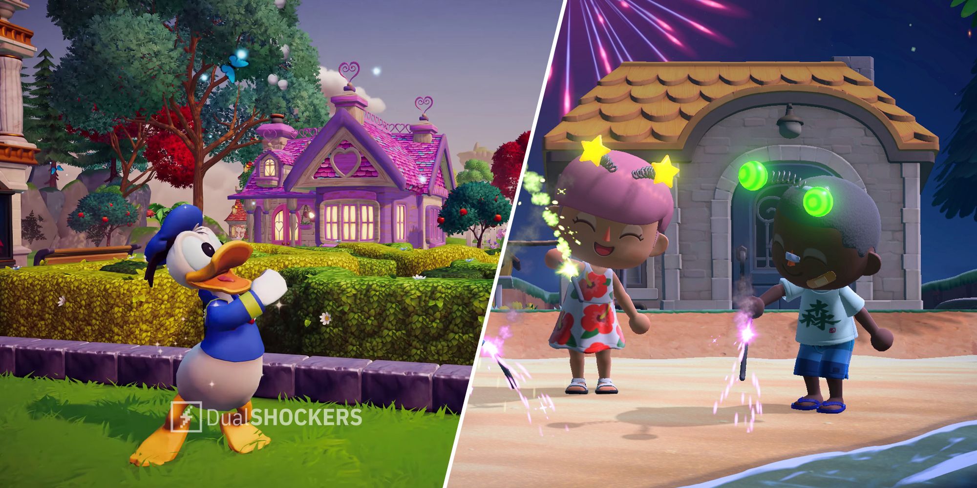 Disney Dreamlight Valley Donald Duck on left, Animal Crossing characters on right