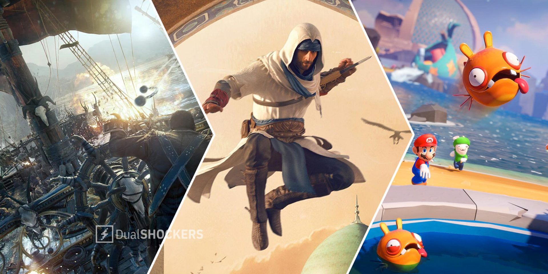 Skull & Bones on left, Assassin's Creed Mirage in middle, Mario + Rabbids Sparks of Hope on right