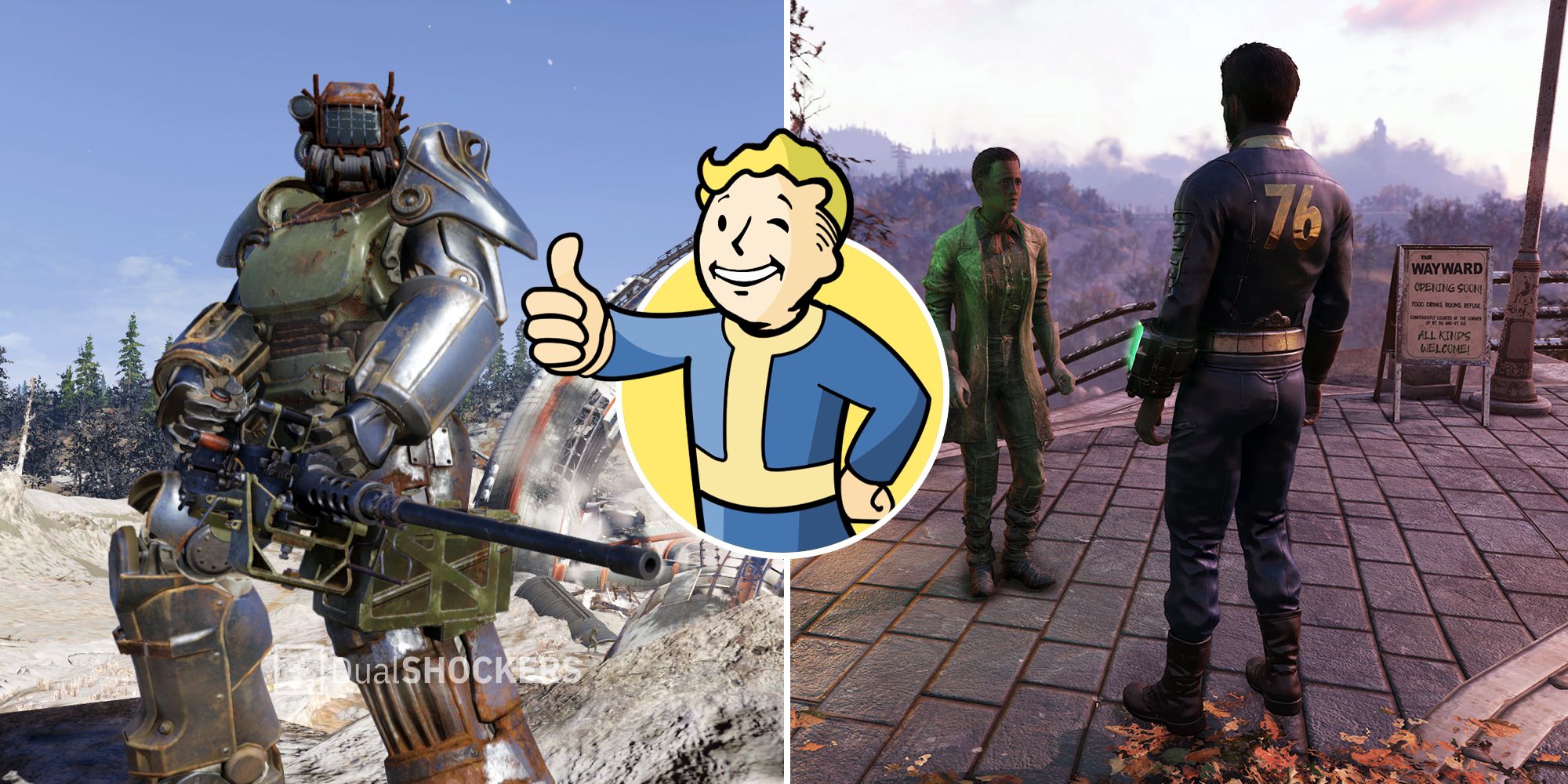 Fallout 76 power armor on left, Vault Boy in middle, Fallout 76 character in suit on right