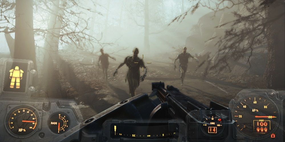 Fallout 4 player in power armor fighting against zombies