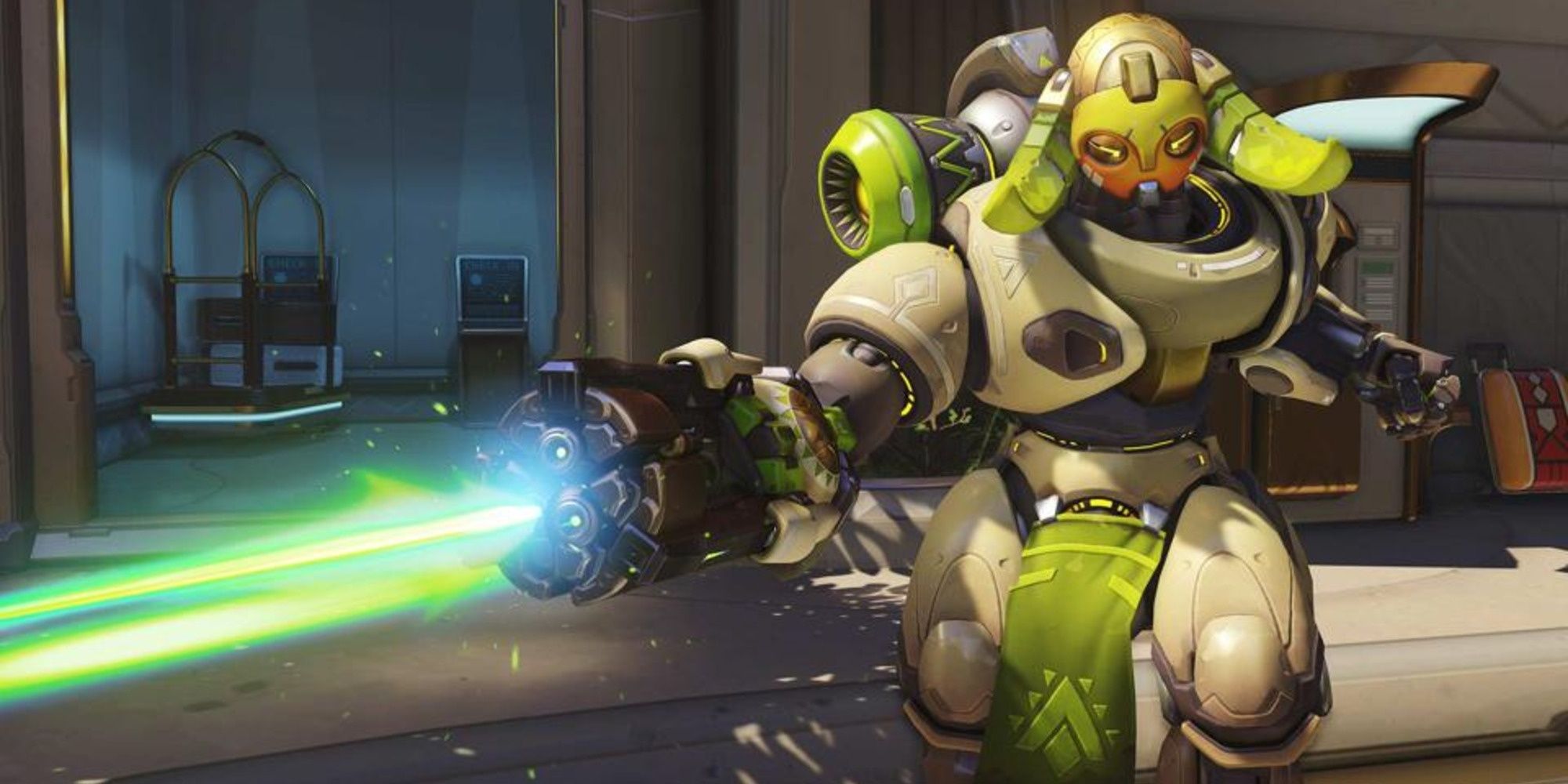 Orisa from Overwatch firing her Augmented Fusion Driver.