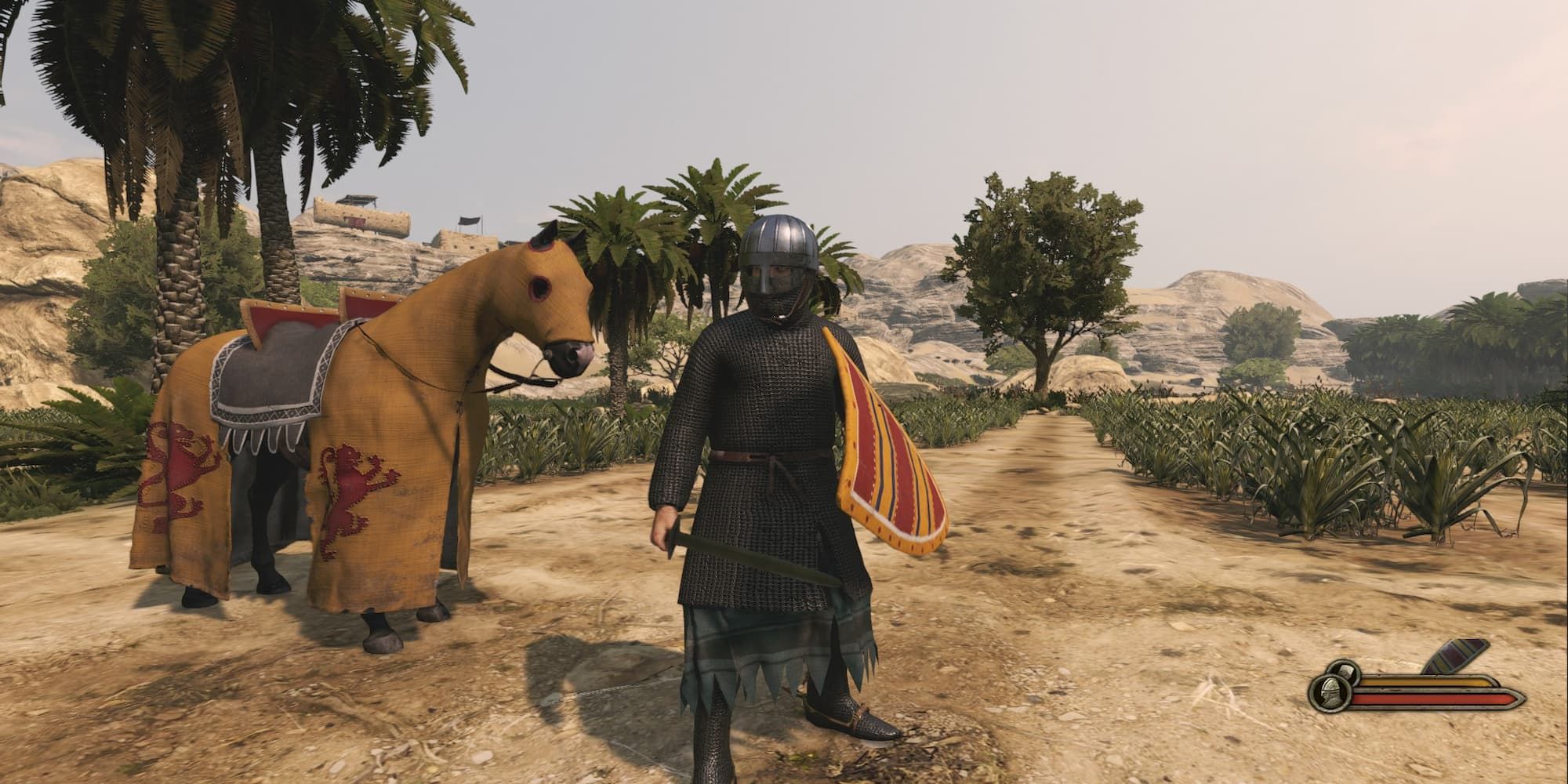 Bannerlord 2 Player Standing Next to Horse