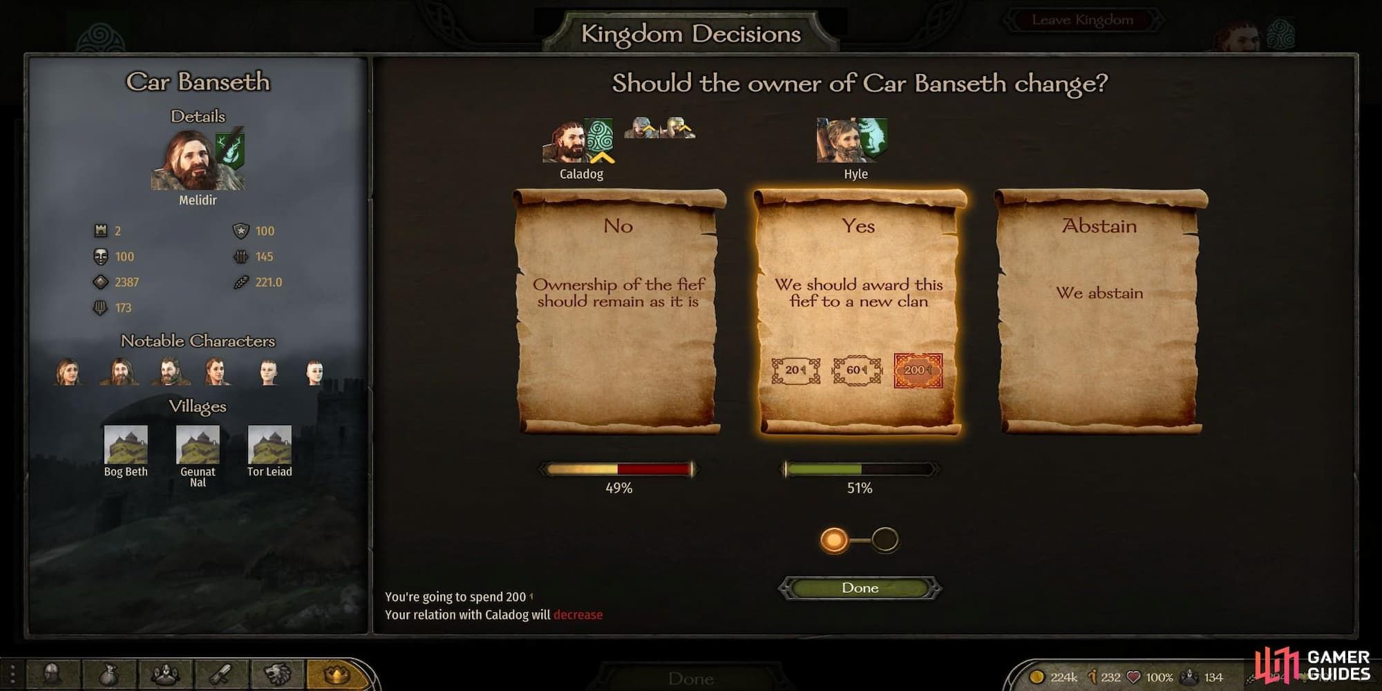 Bannerlord Influence Menu Voting for Fief 