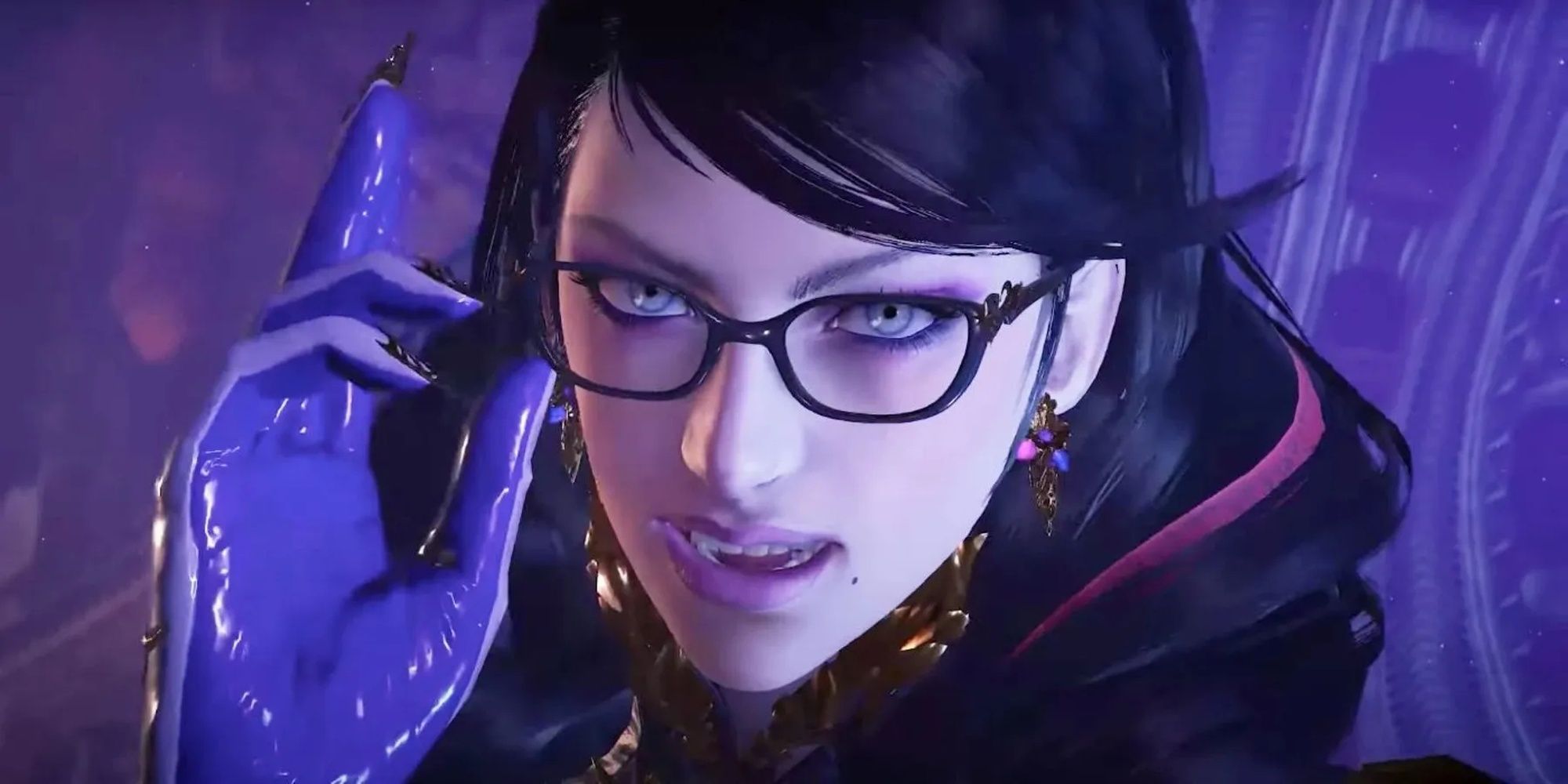 Bayonetta 3 Close Up Face And Hand Purple Background