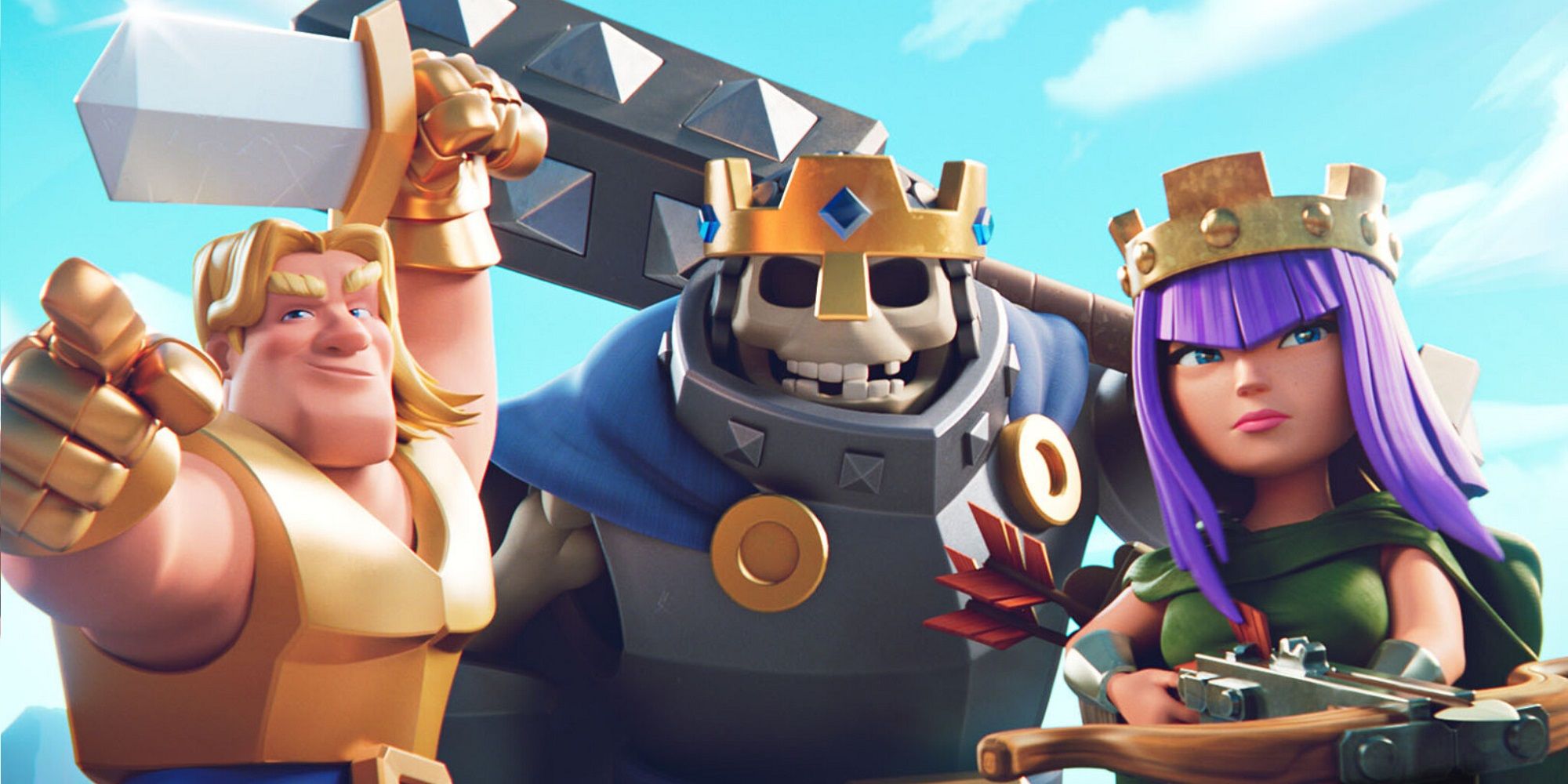 Clash Royale: Golden Knight left, Skeleton King middle, Archer Queen right.