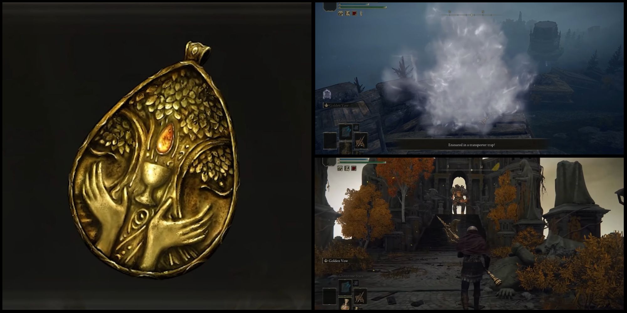 Split image of an elden ring player trying to get the blessed dew talisman