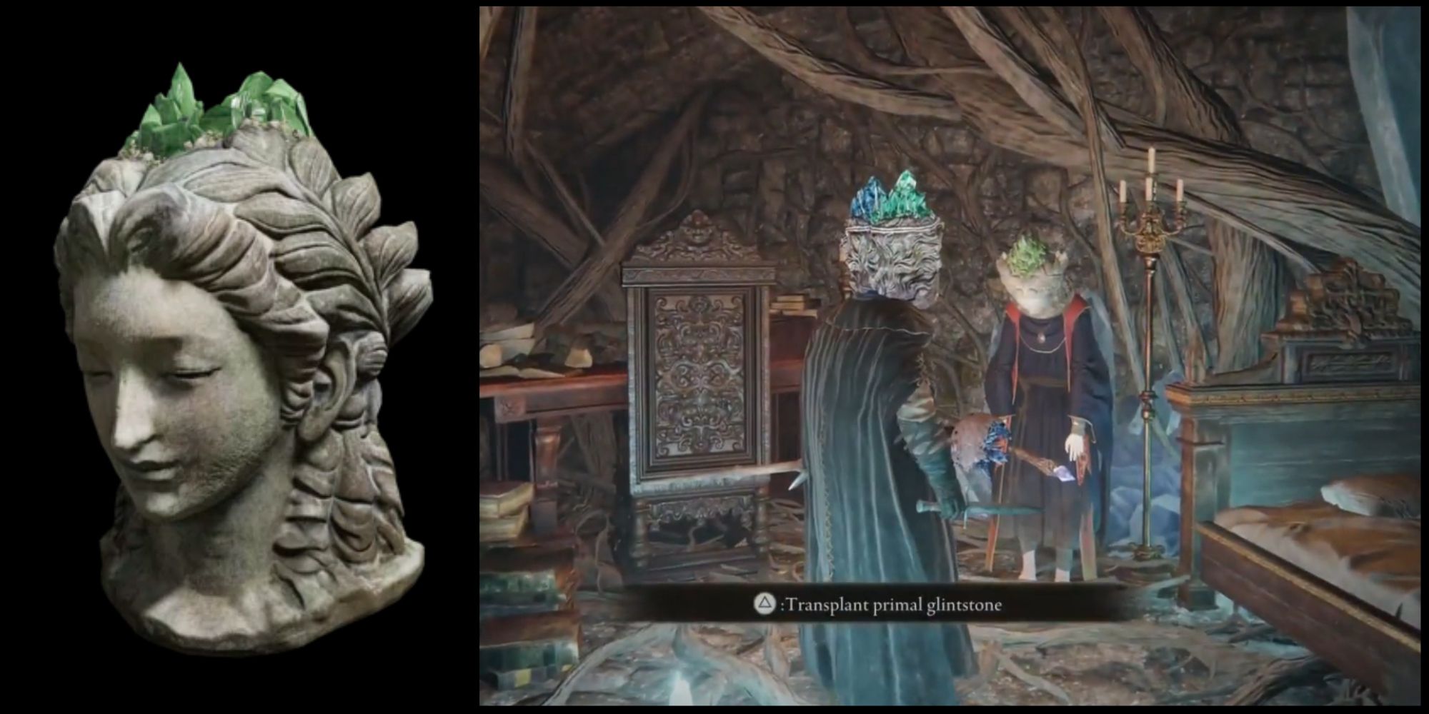 Split image of the witch glintstone crown and elden ring player