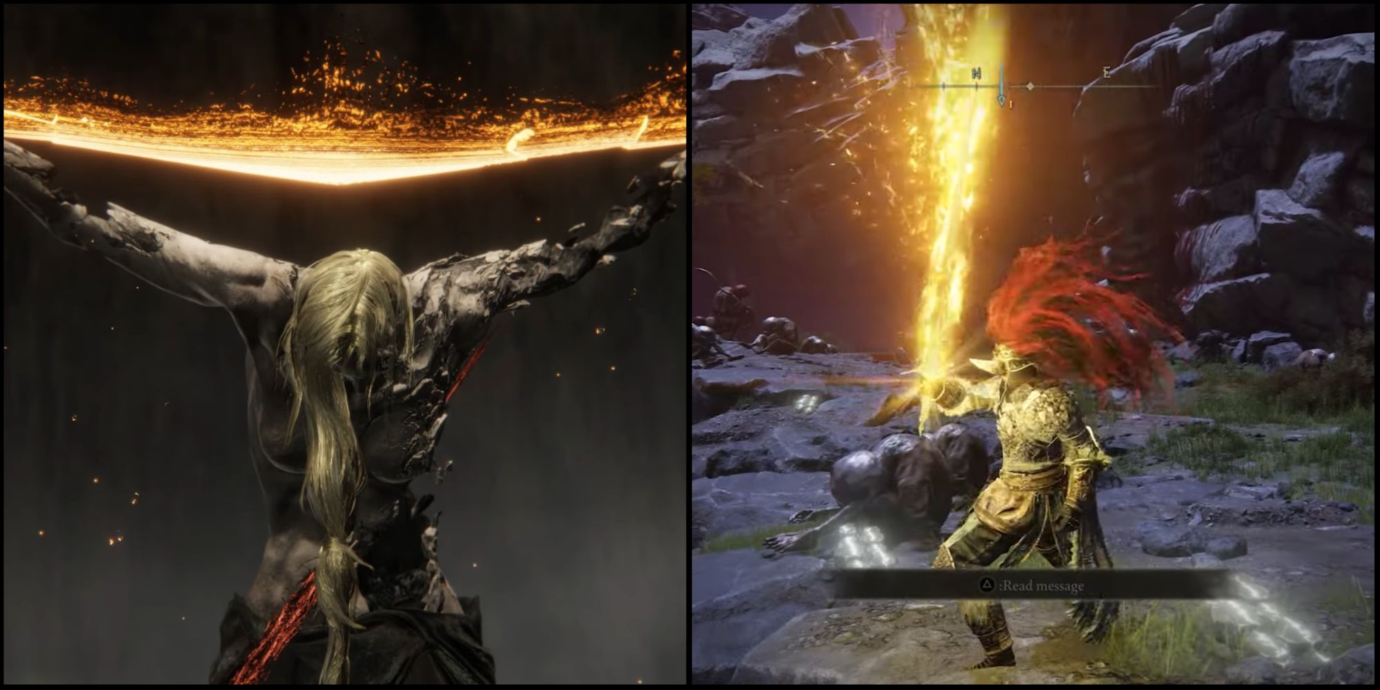 Split image of radagon and an elden ring player using the sacred relic sword
