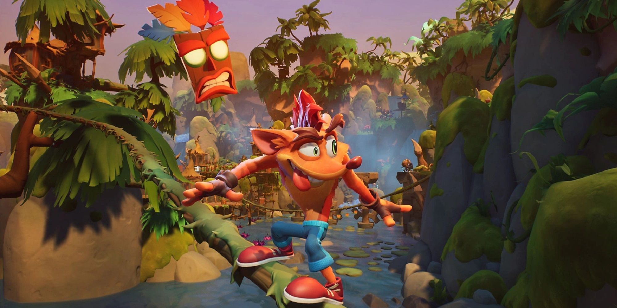 Crash Bandicoot Grinding On Vine With Mask Following Behind