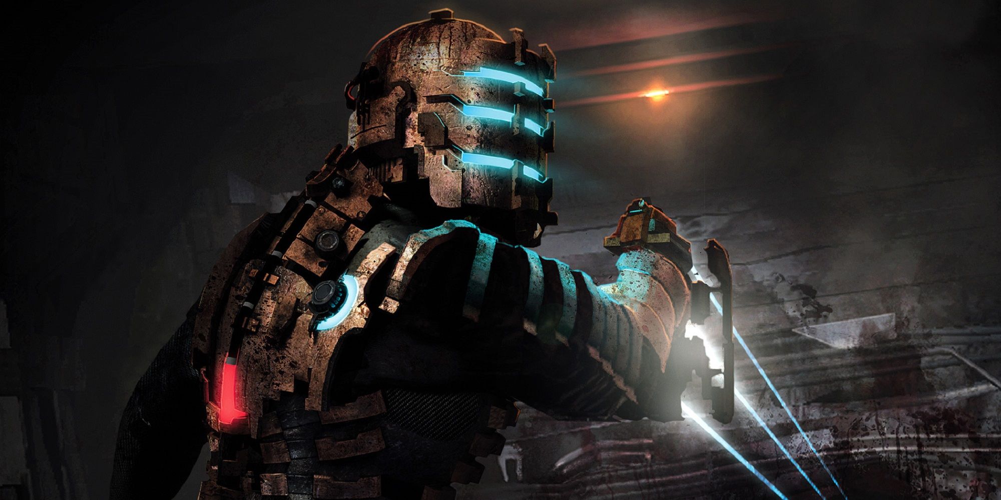 Dead Space Main Character, Helmet With Three Horizontal Blue Lines, Looking Back As He Aims Gun Forward