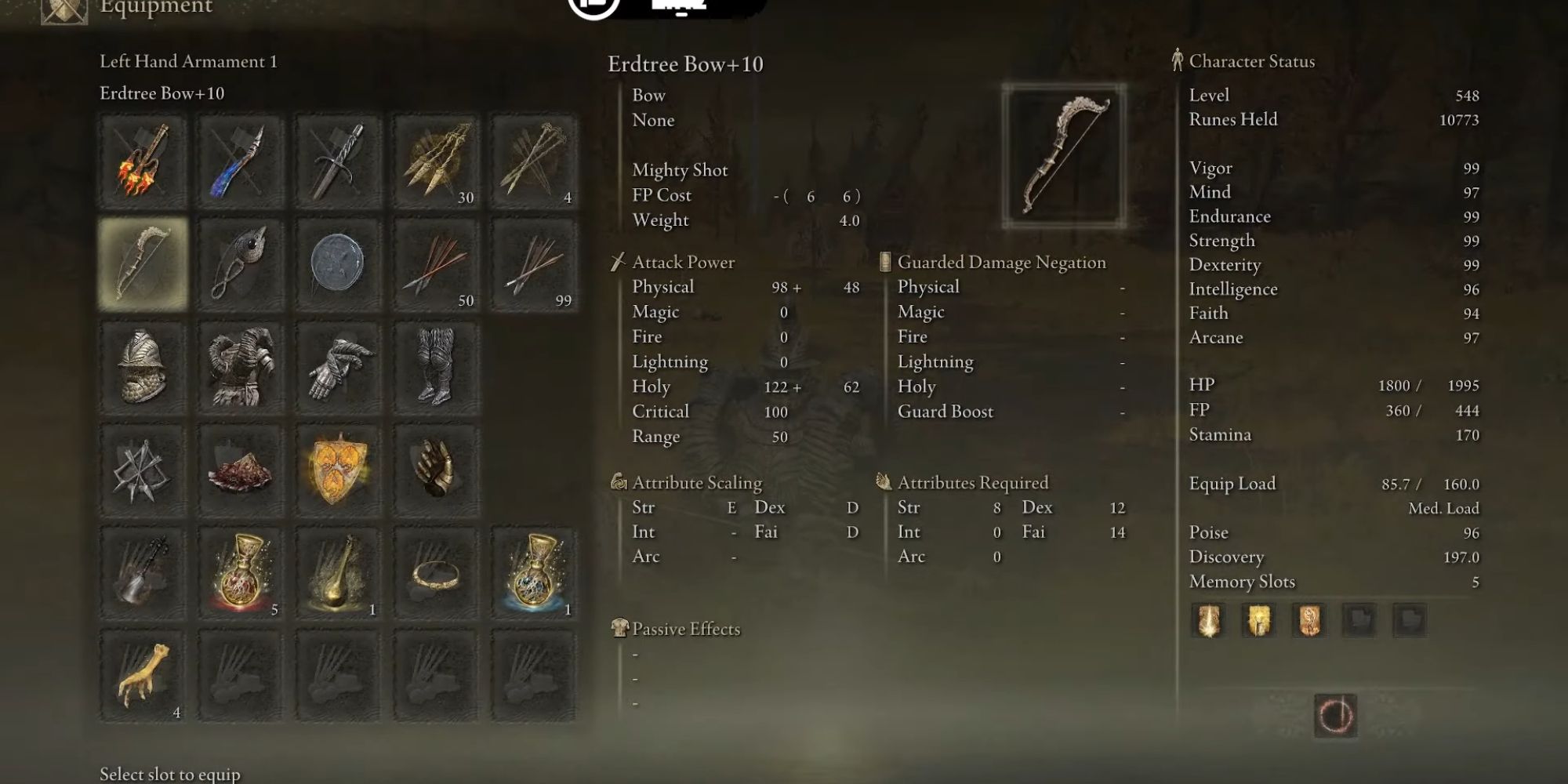 Erdtree Bow in an elden ring players inventory