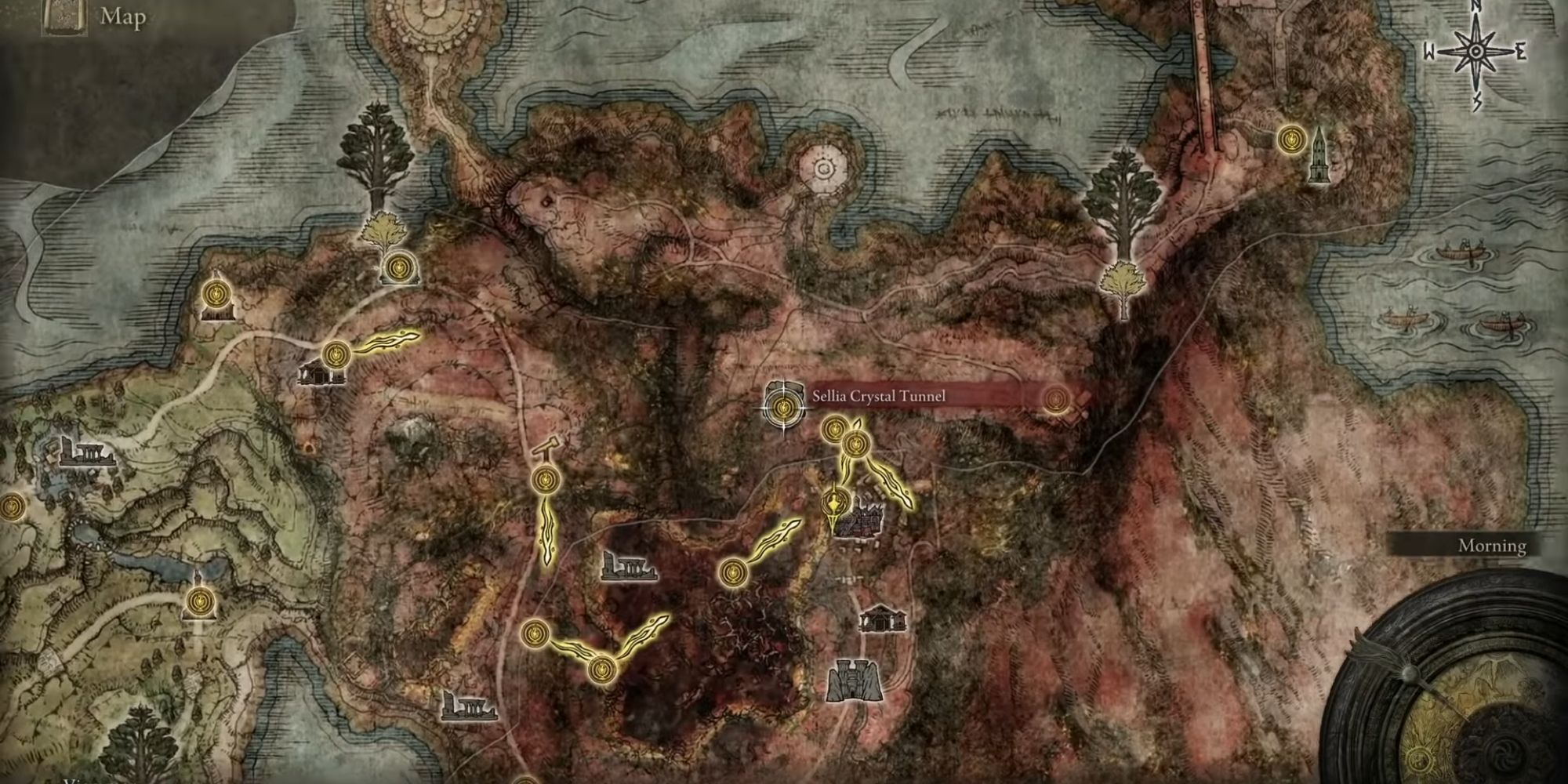 Sellia crystal tunnel on an elden ring players map
