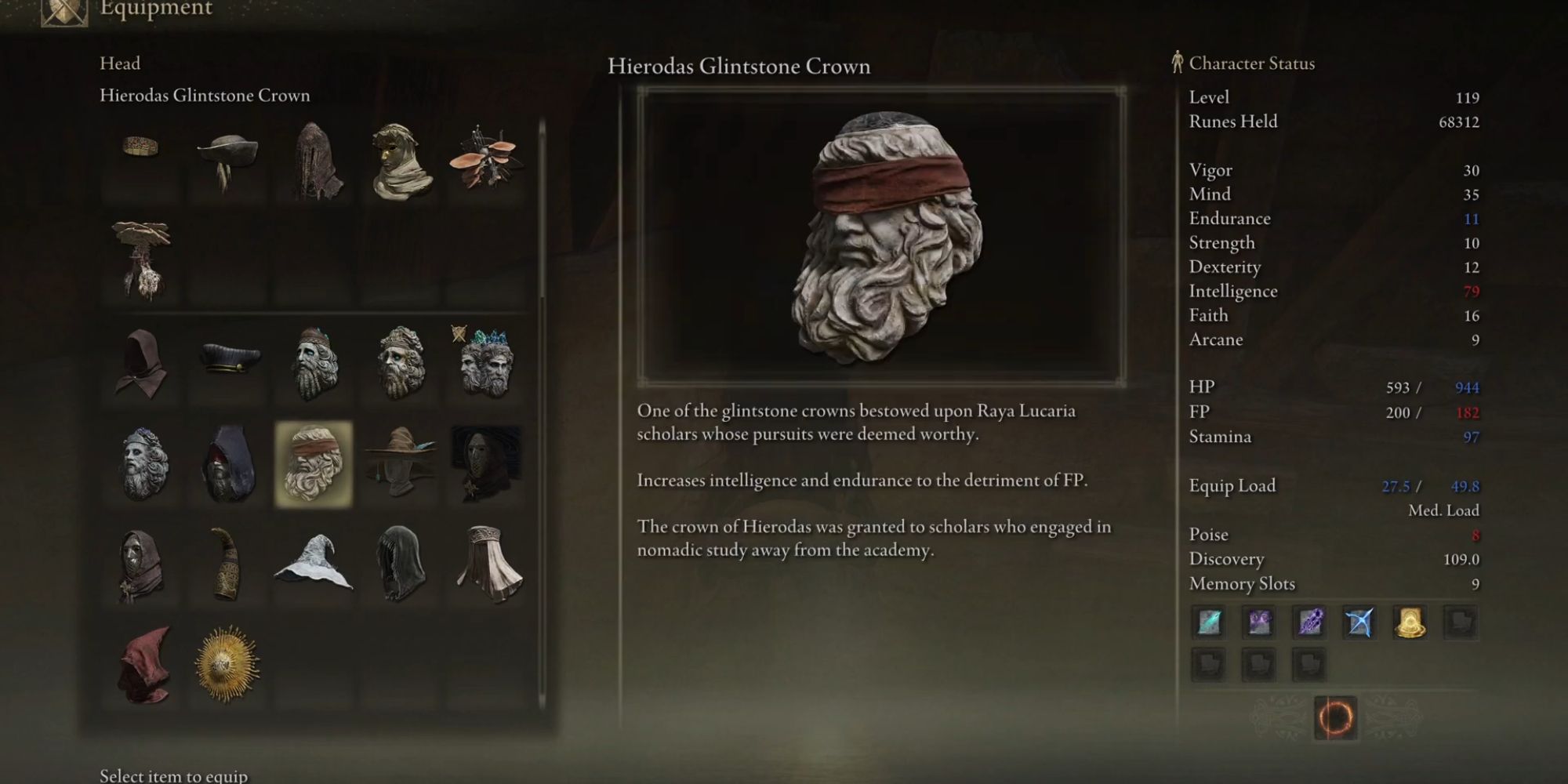 Hierodas glintstone mask in an elden ring players inventory