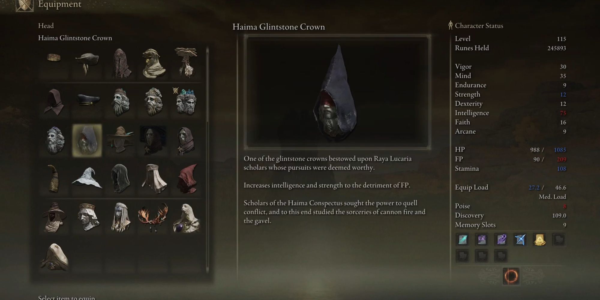 Haima Glintstone crown in an elden ring players inventory