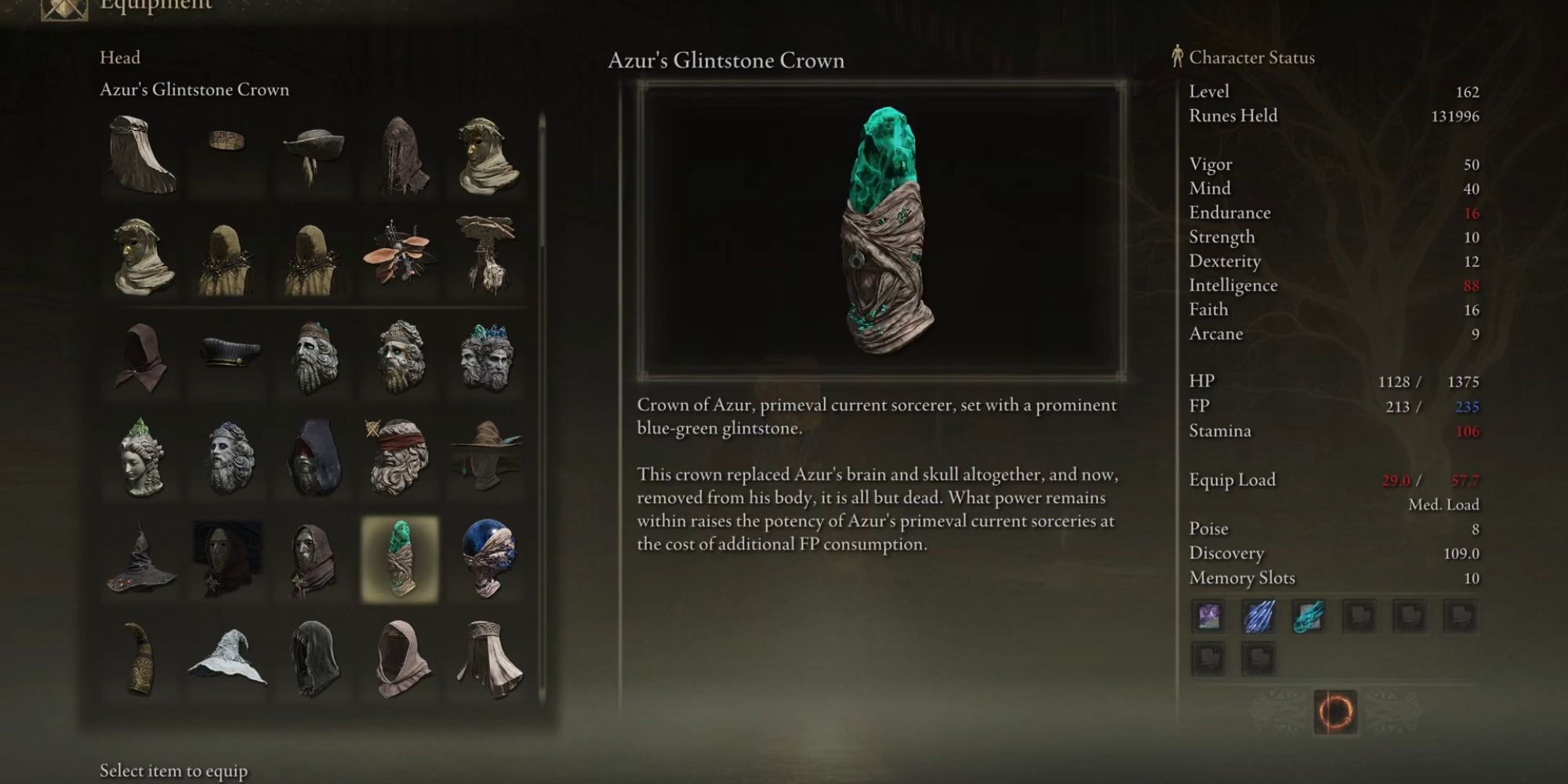 Azur's Glintstone Crown in an elden ring players inventory
