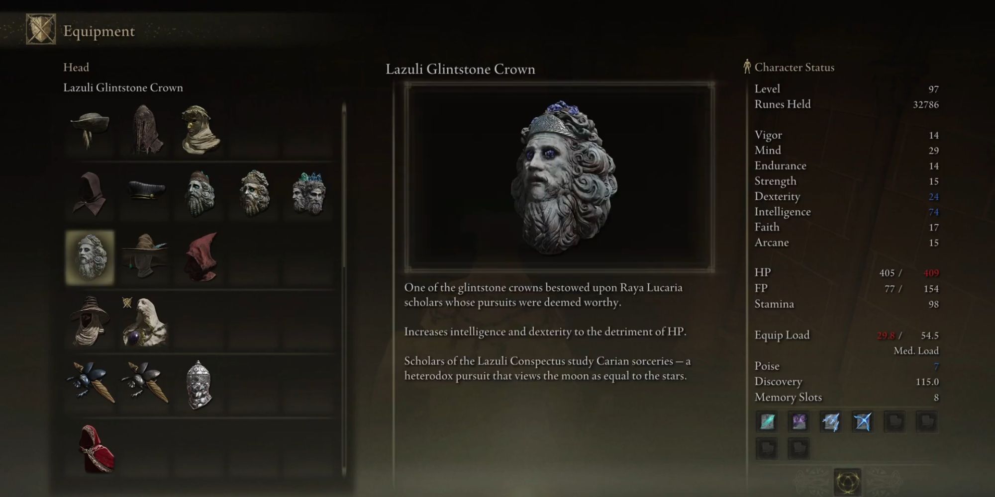 lazuli glintstone crown in elden ring players inventory
