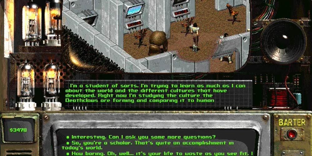 Goris in Fallout 2 discussing researching the culture of Deathclaws.