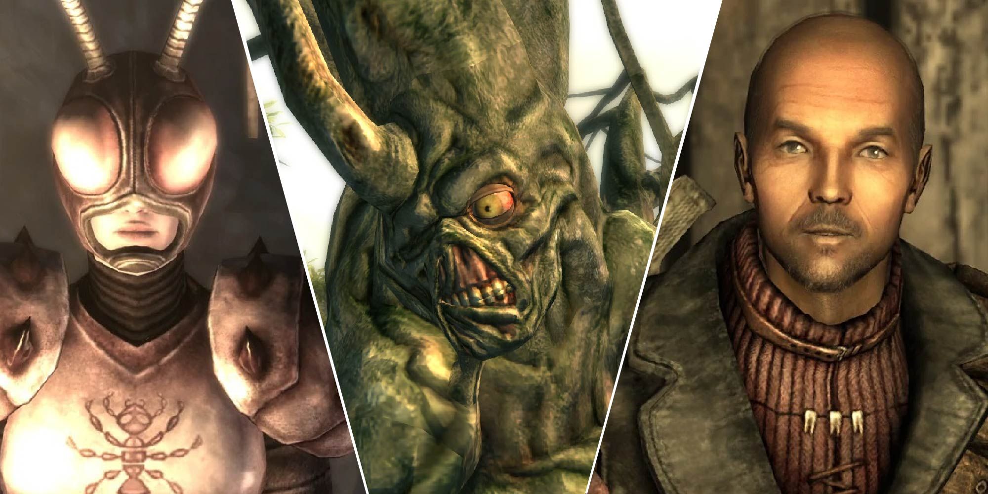A split image featuring three Fallout 3 characters: the AntAgonizer (left), Harold (middle), and Dave (right).