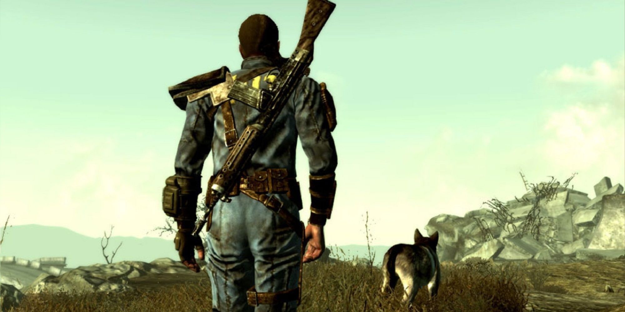 Fallout 3 protagonist following his dog in wasteland