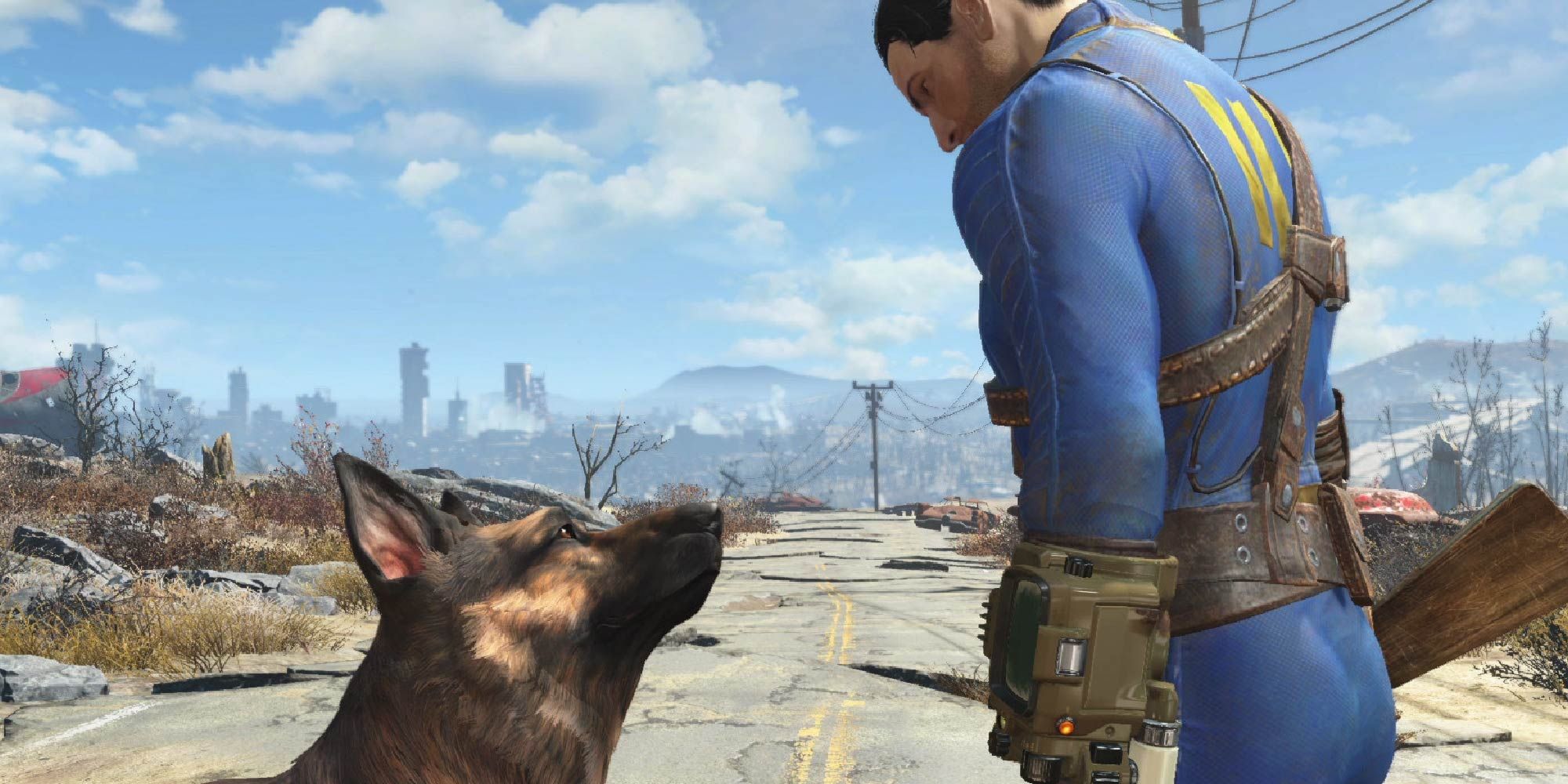 The Sole Survivor in Fallout 4 glancing down at his canine companion, Dogmeat.