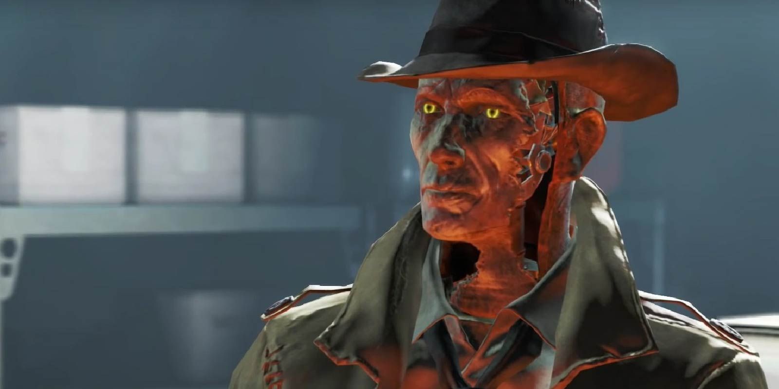 Nick Valentine in a dimly lit room in Fallout 4.