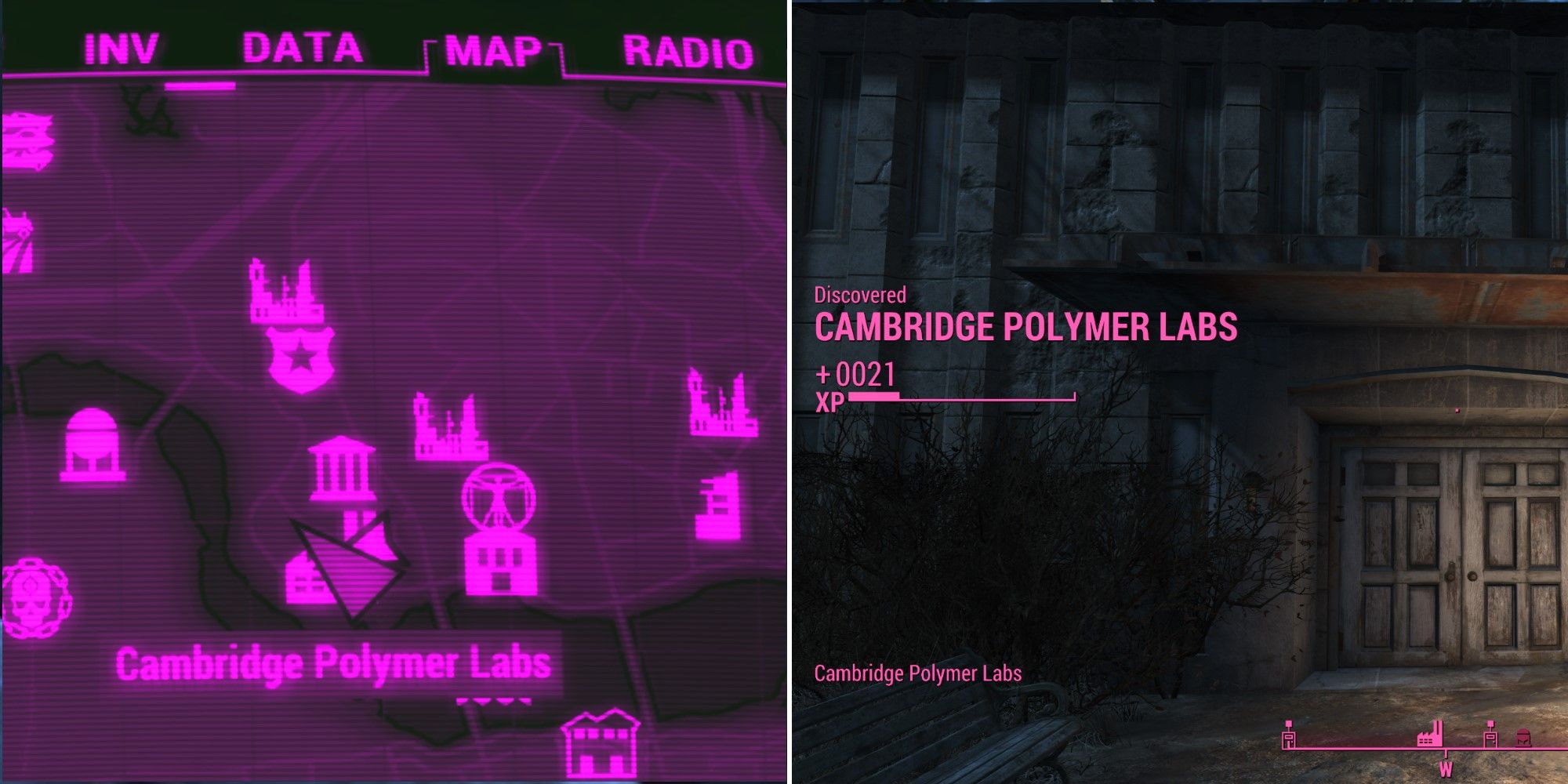 Fallout 4 split image screenshots showing Cambridge Polymer Labs Location