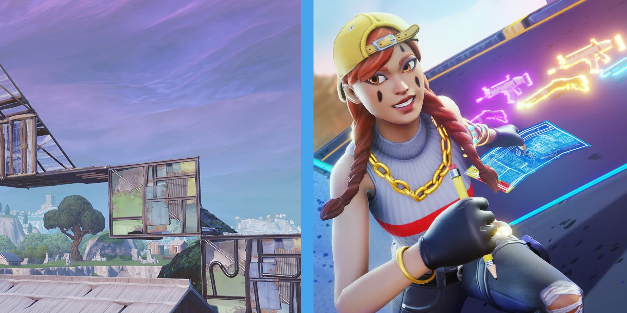 Fortnite split image with player building and character in build. 