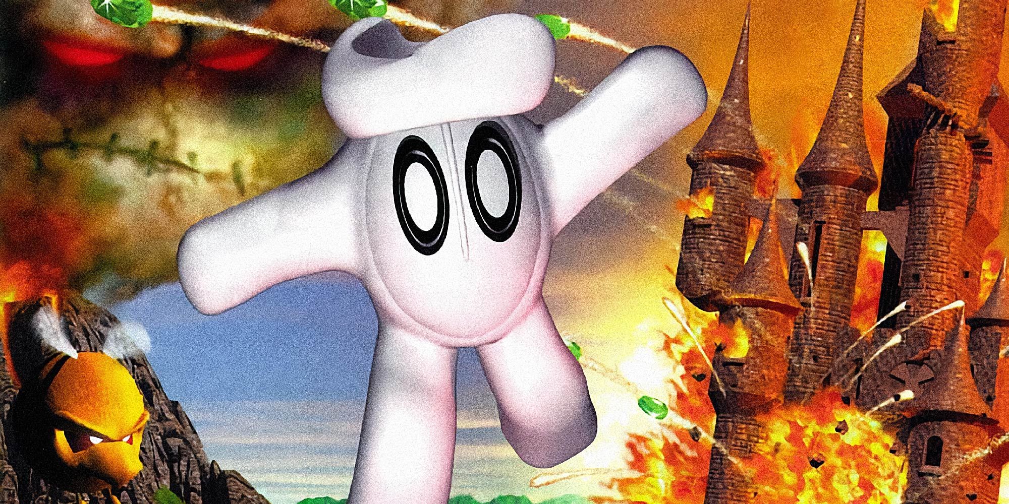 Glover balancing in front of an exploding castle.