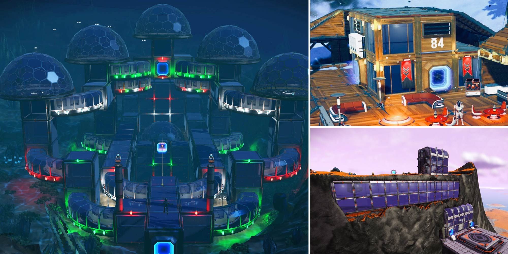 A split image featuring the Underwater Base (left), the Cozy Cabin (top right), and the Cliffside Lookout (bottom right).