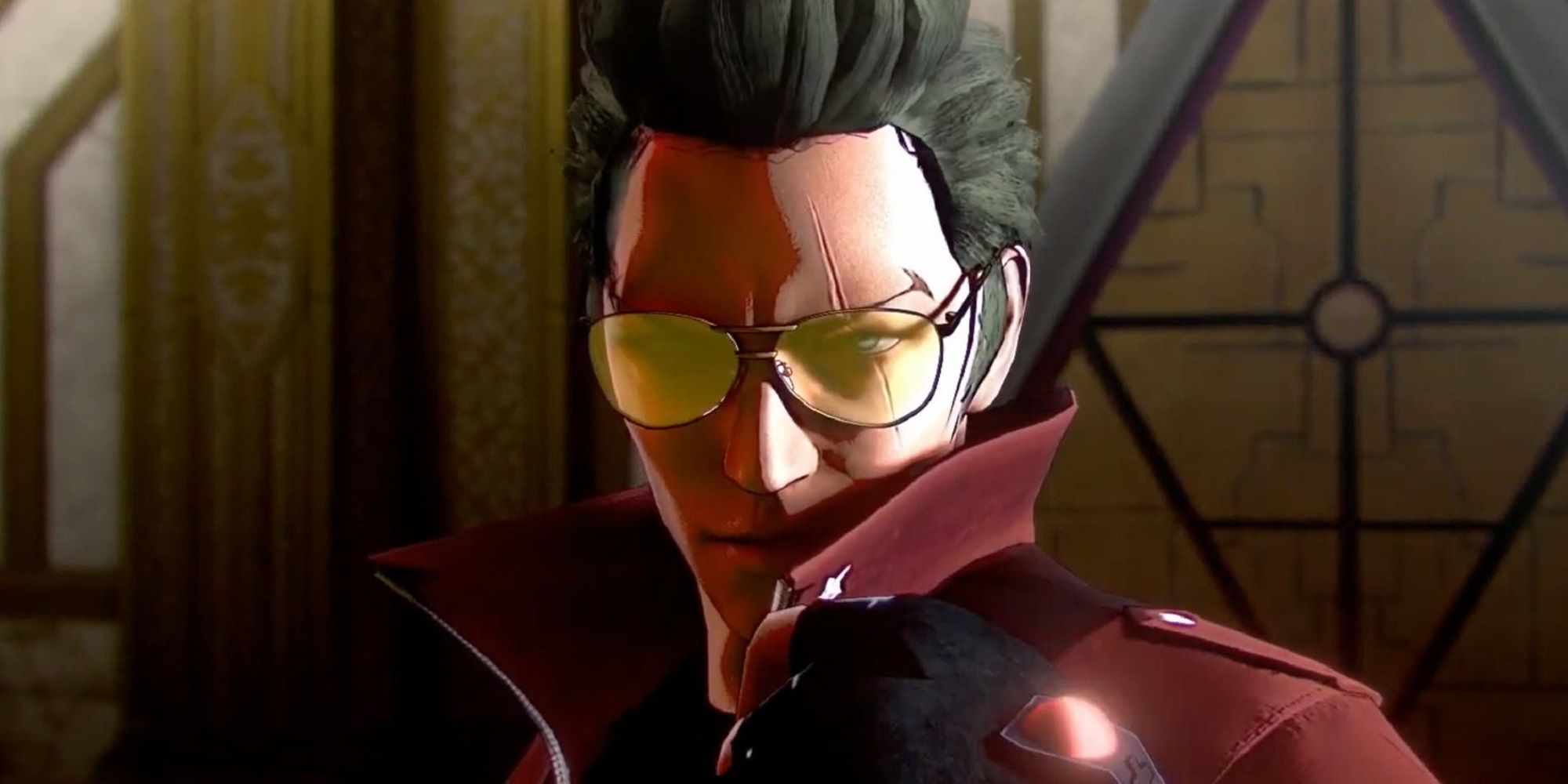 No More Heroes 3 Travis Looking Upset At Camera With Yellow Sunglasses