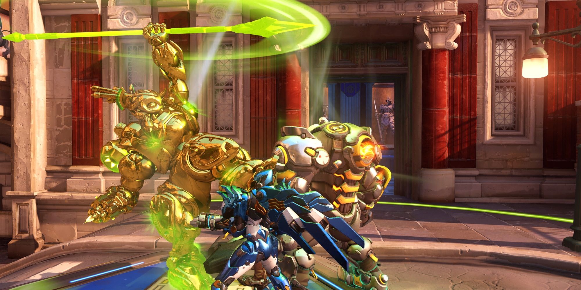 Orisa using her Terra Surge ability against Pharah and Reinhardt in Overwatch 2.