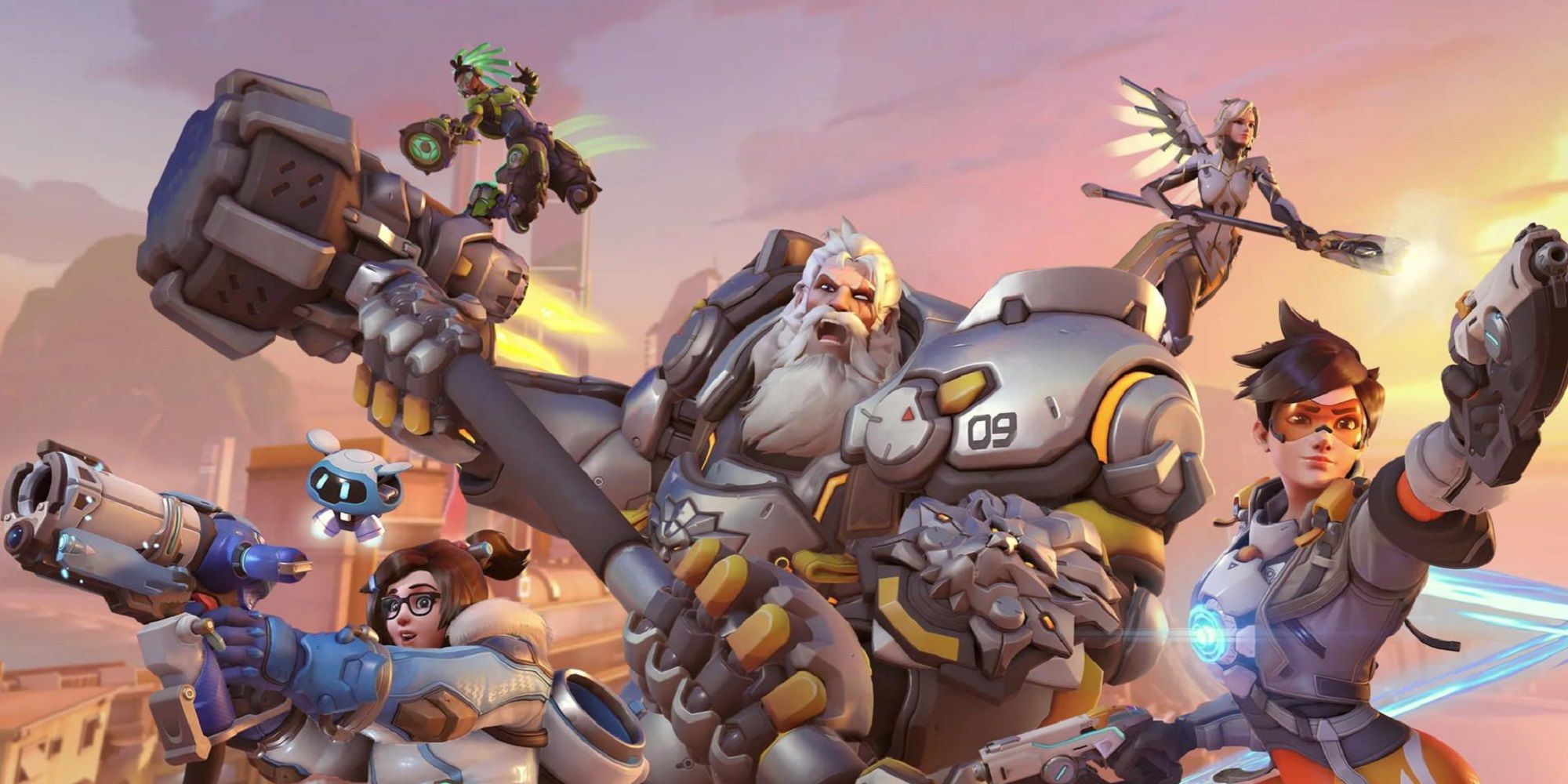 Overwatch 2 Banner Showing From Left To Right, Mei, Lucio, Reinhardt, Mercy, And Tracer