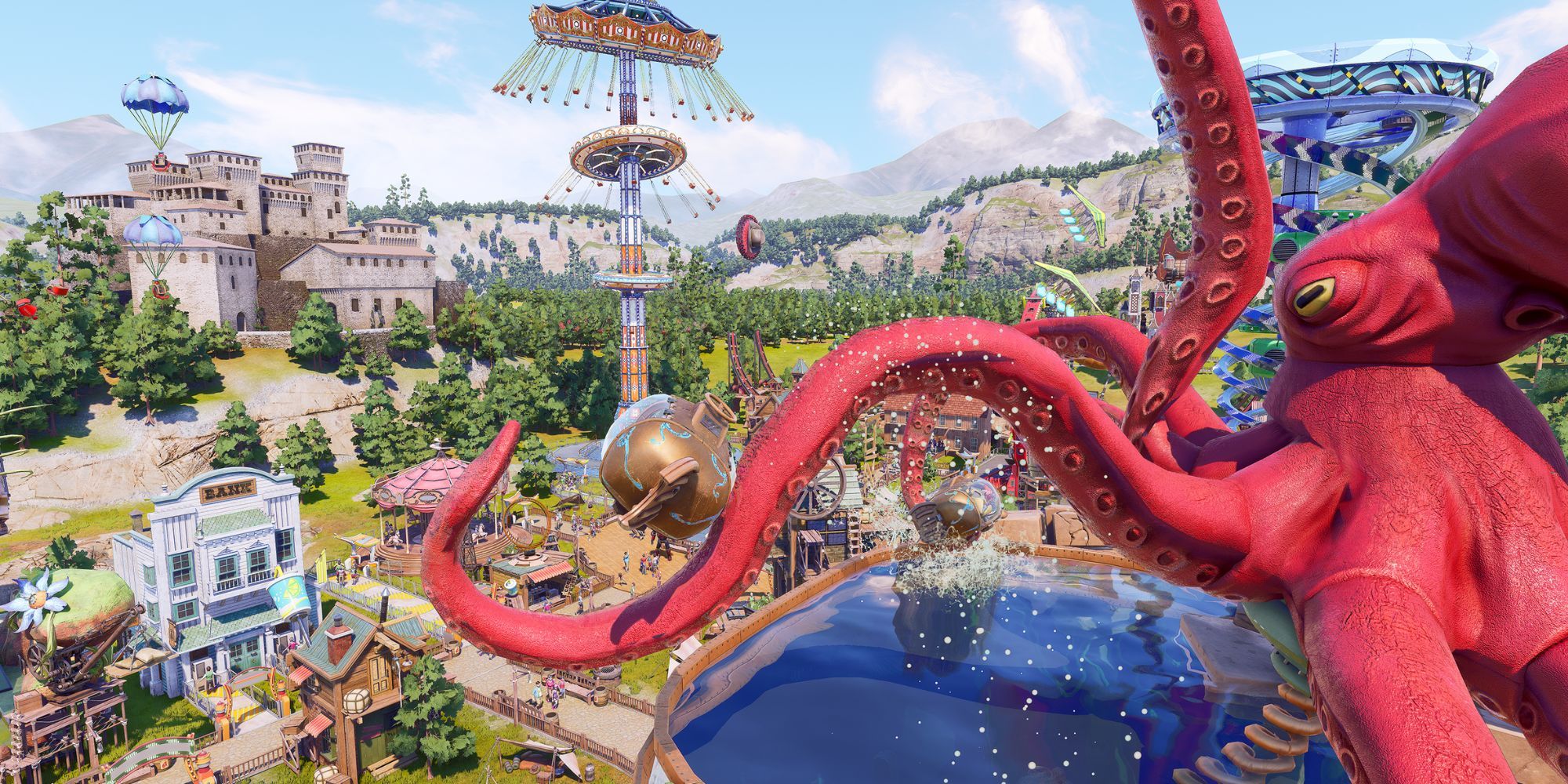 A screenshot from the upcoming Park Beyond that features a giant octopus. 