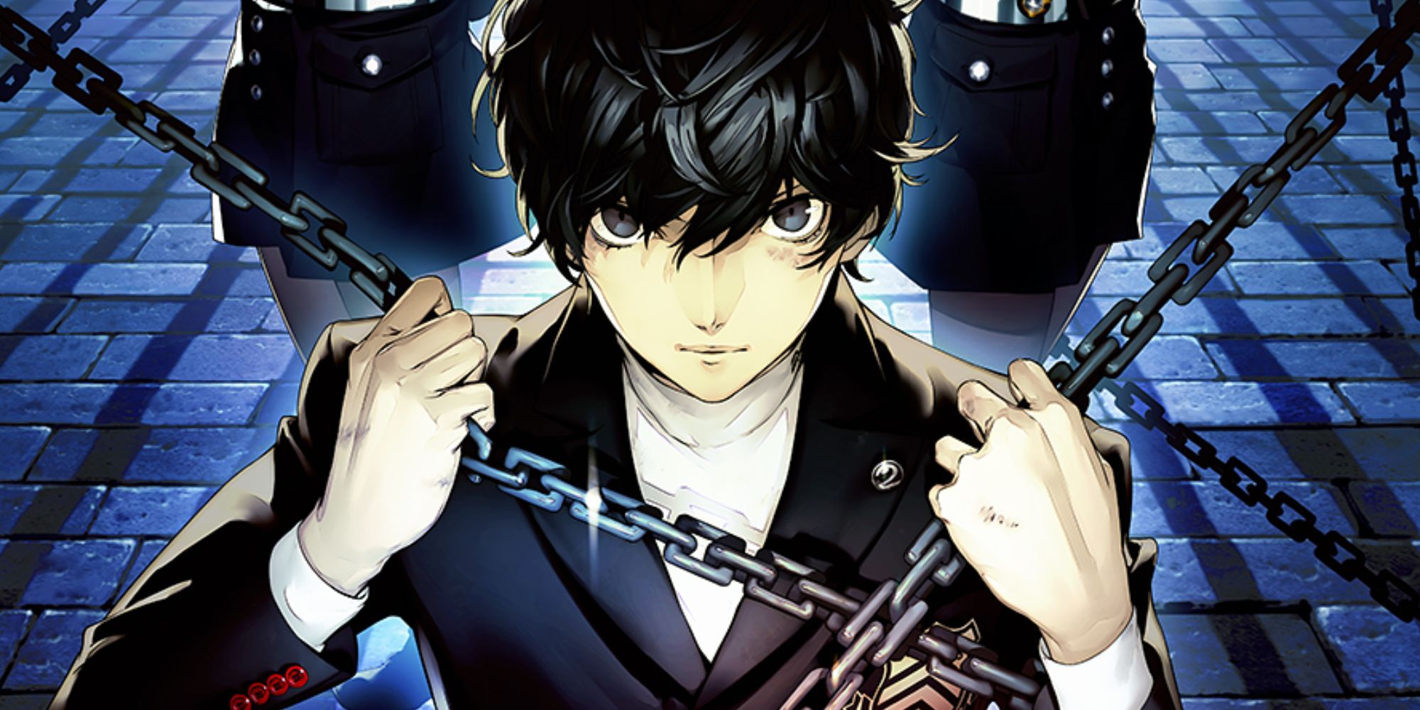 Persona 5 Joker Trapped with the Chains of Fate in The Velvet Room in front of Justine and Caroline