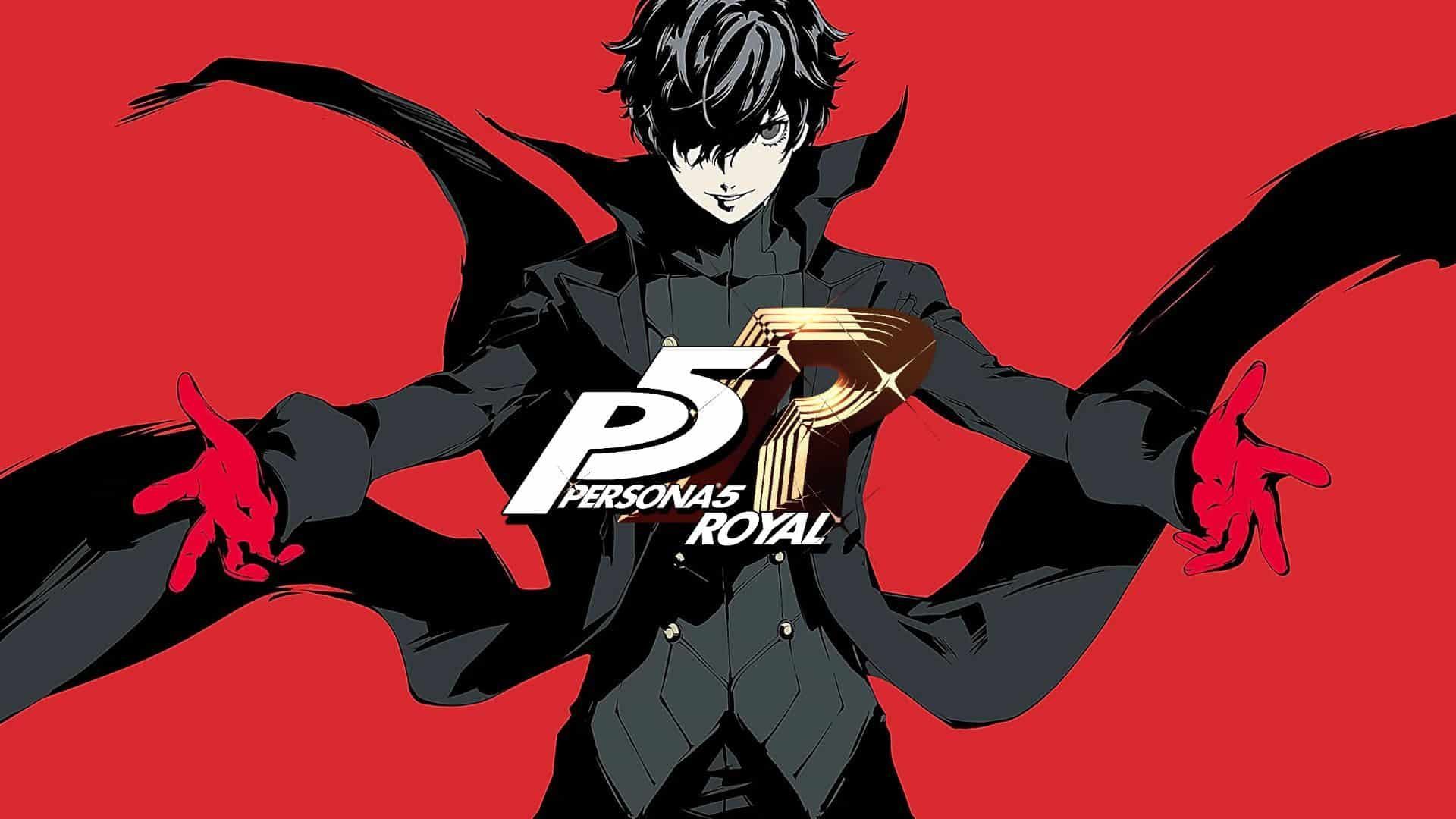 Persona 5 Royal Joker Arms Outstretched Monochrome Plus Red Logo At Center