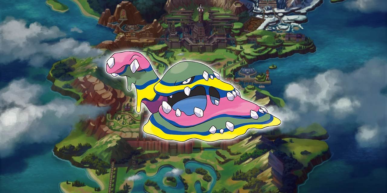 Alolan Muk in front of a map of the Galar region in Pokémon.