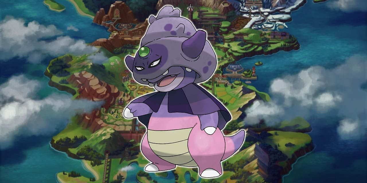 Galarian Slowking in front of a map of the Galar region in Pokemon.