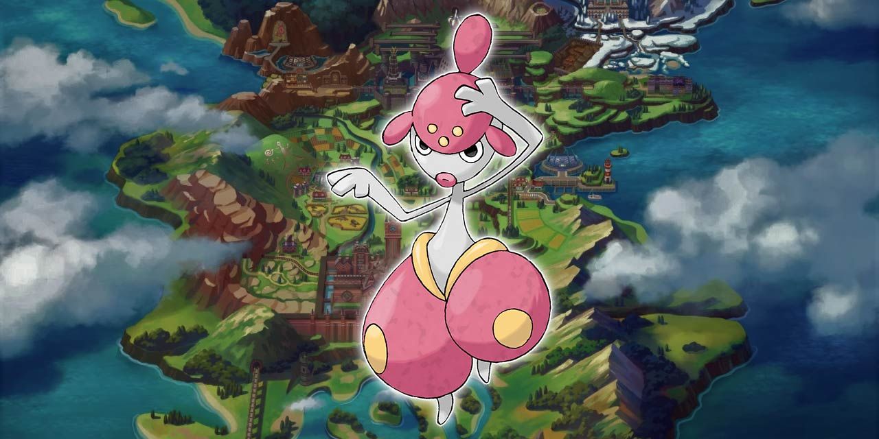 Medicham in front of a map of the Galar region in Pokemon.
