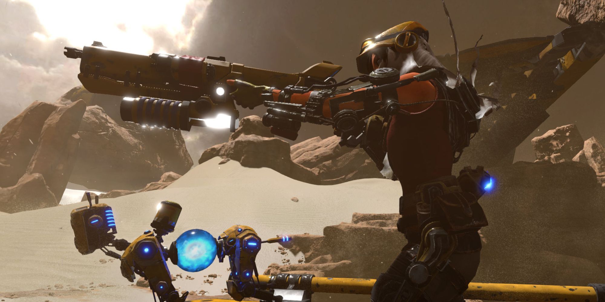 A screenshot from ReCore featuring a woman holding a rifle