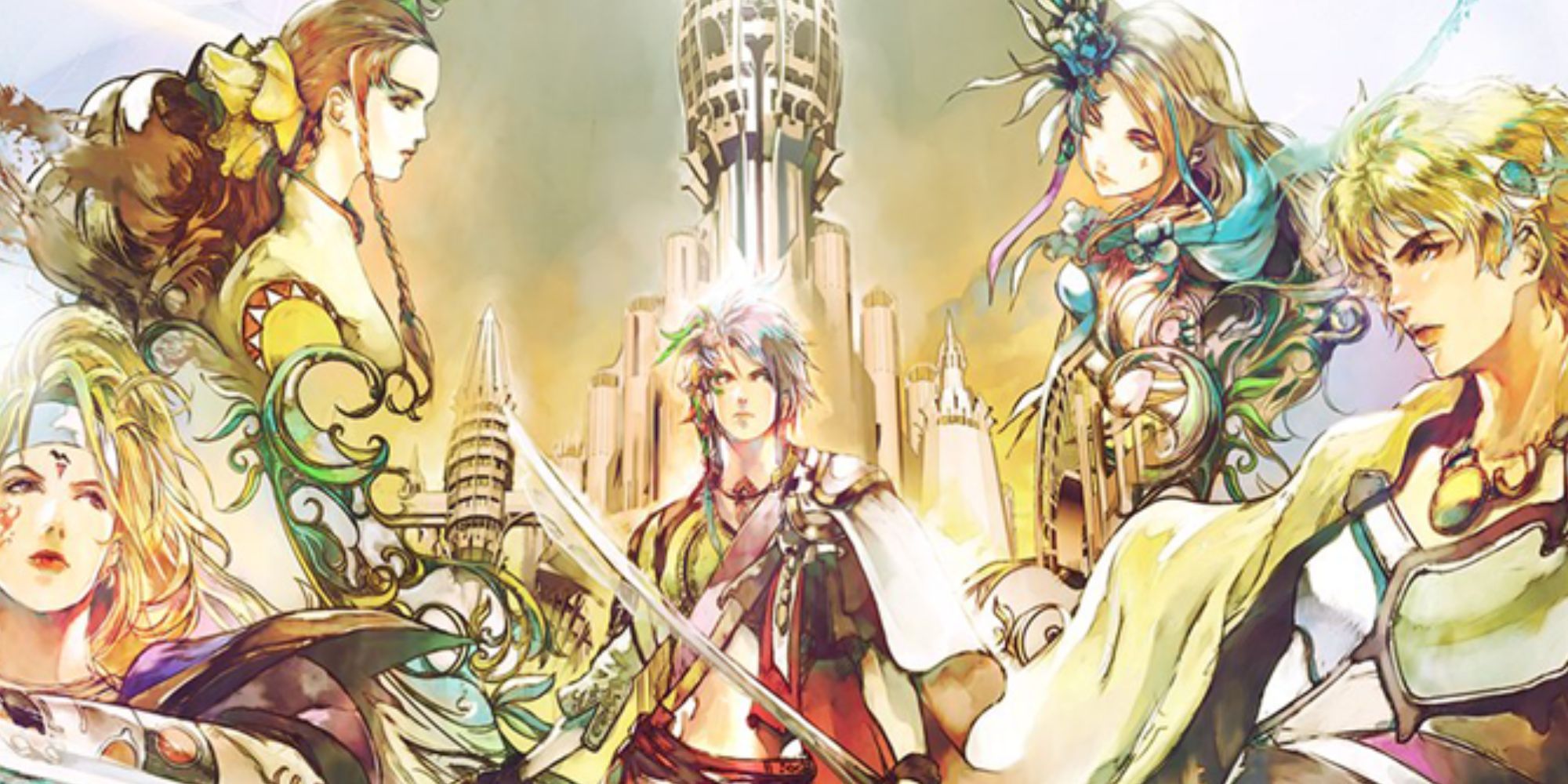 Romancing SaGa Re; UniverSe Main Cast Official Art Main Character Framed By Four Others At The Side With City In Background