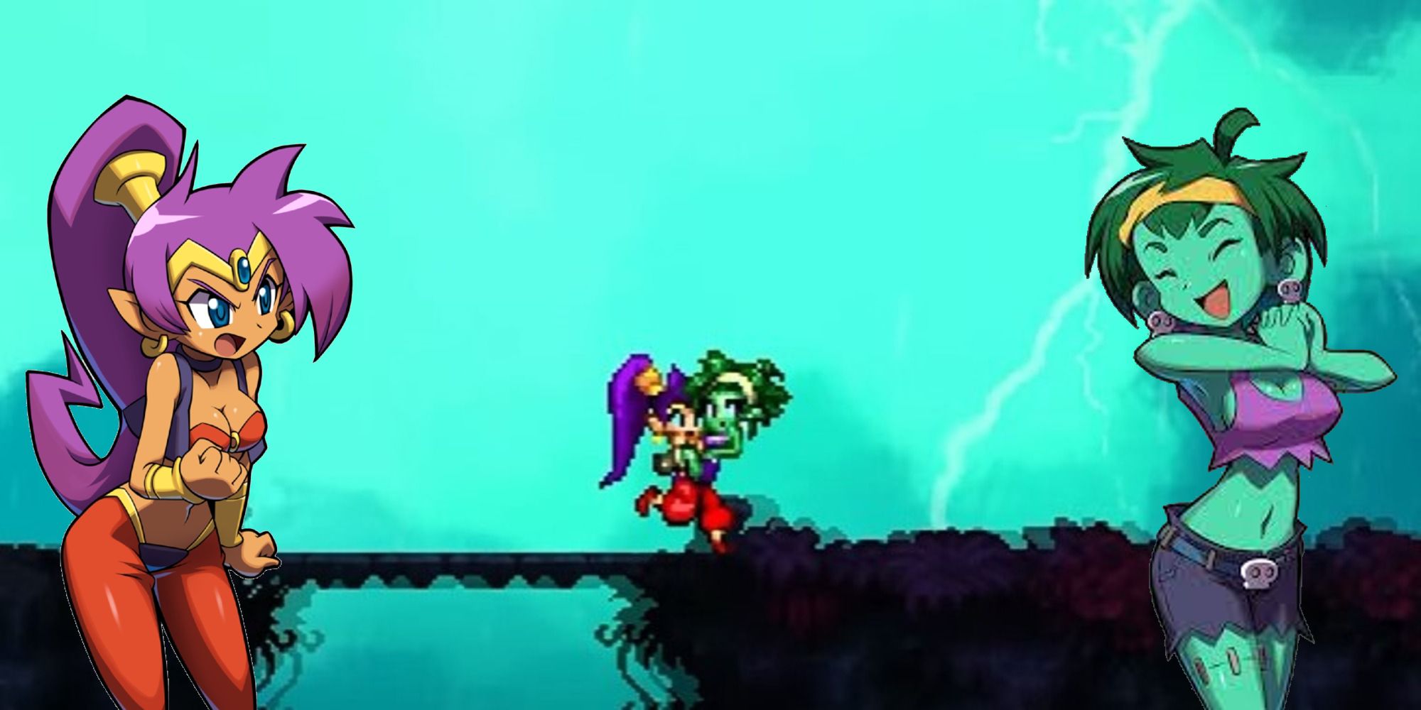 The Run Run Rottytops segment of Shantae and the Pirate's Curse, with 2D art of Shantae on the left and Rottytops on the right.