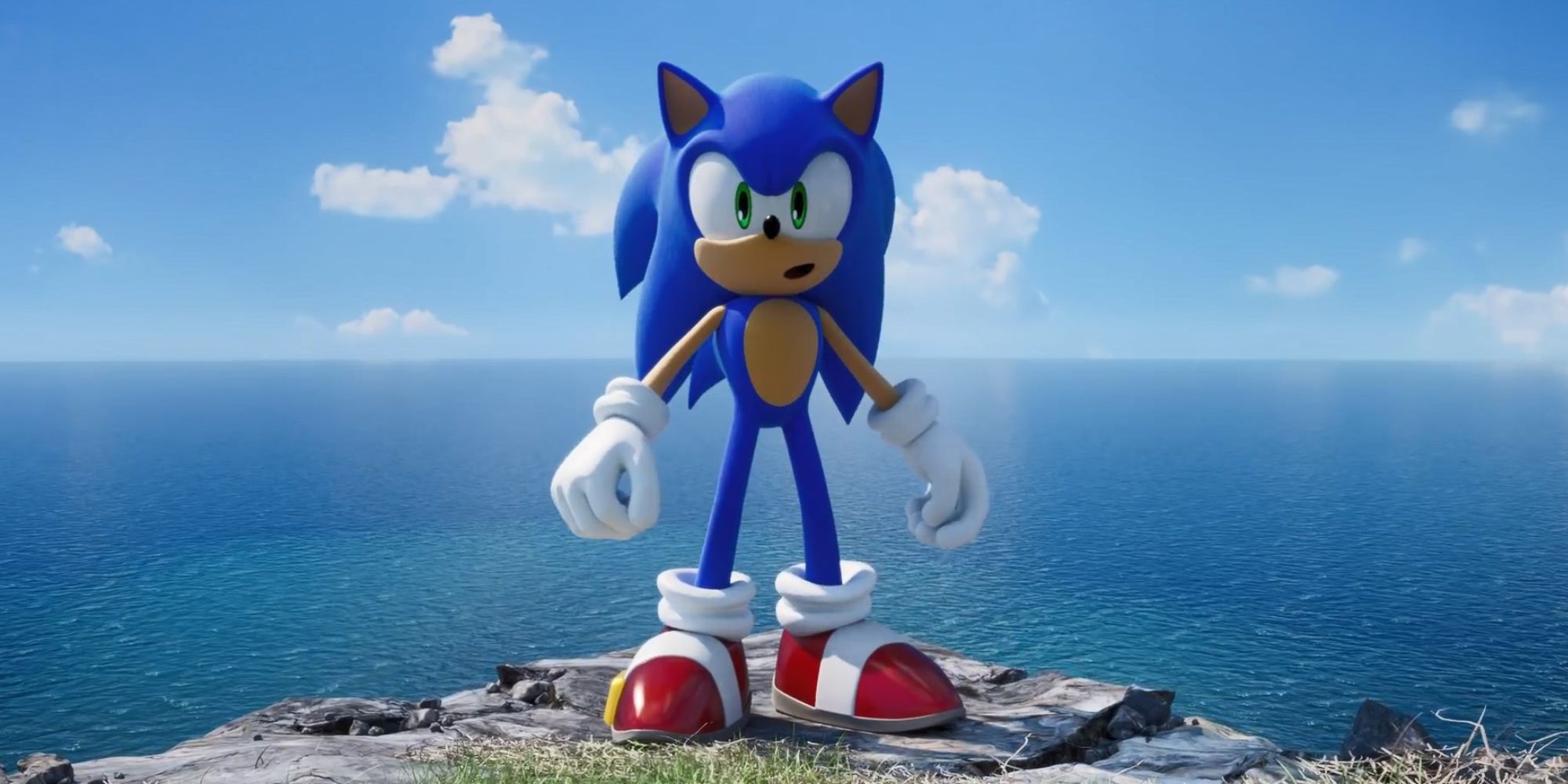 Sonic looking surprised standing on an island from Sonic Frontiers