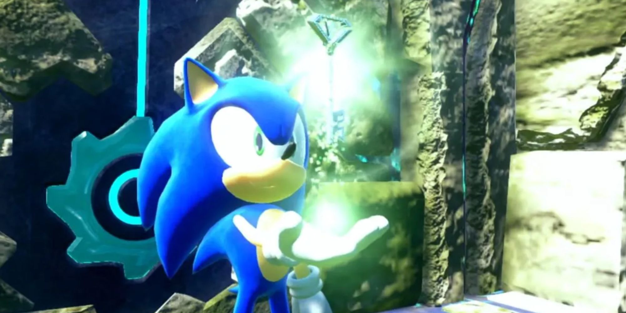 Sonic Holding the Green Chaos Emerald in Front of a Temple in Sonic Frontiers