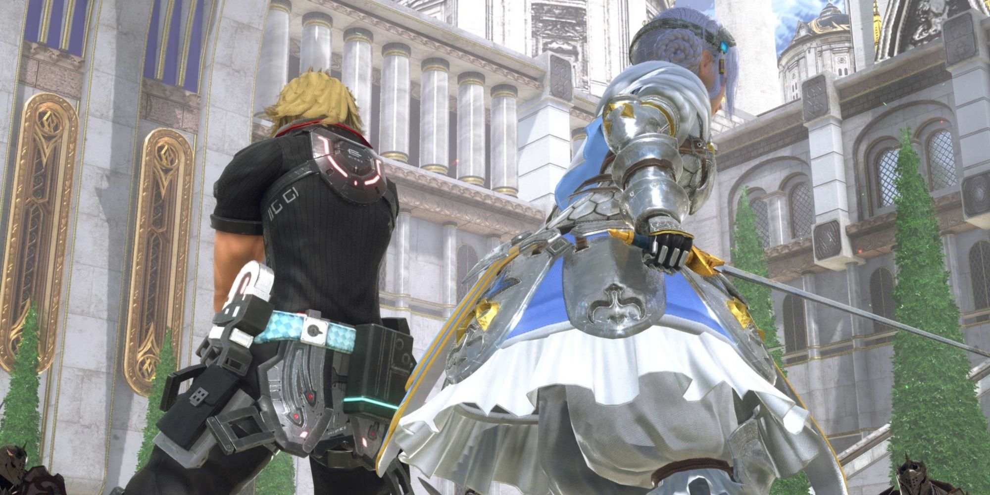 Two of the primary characters from Star Ocean The Divine Force facing down enemies