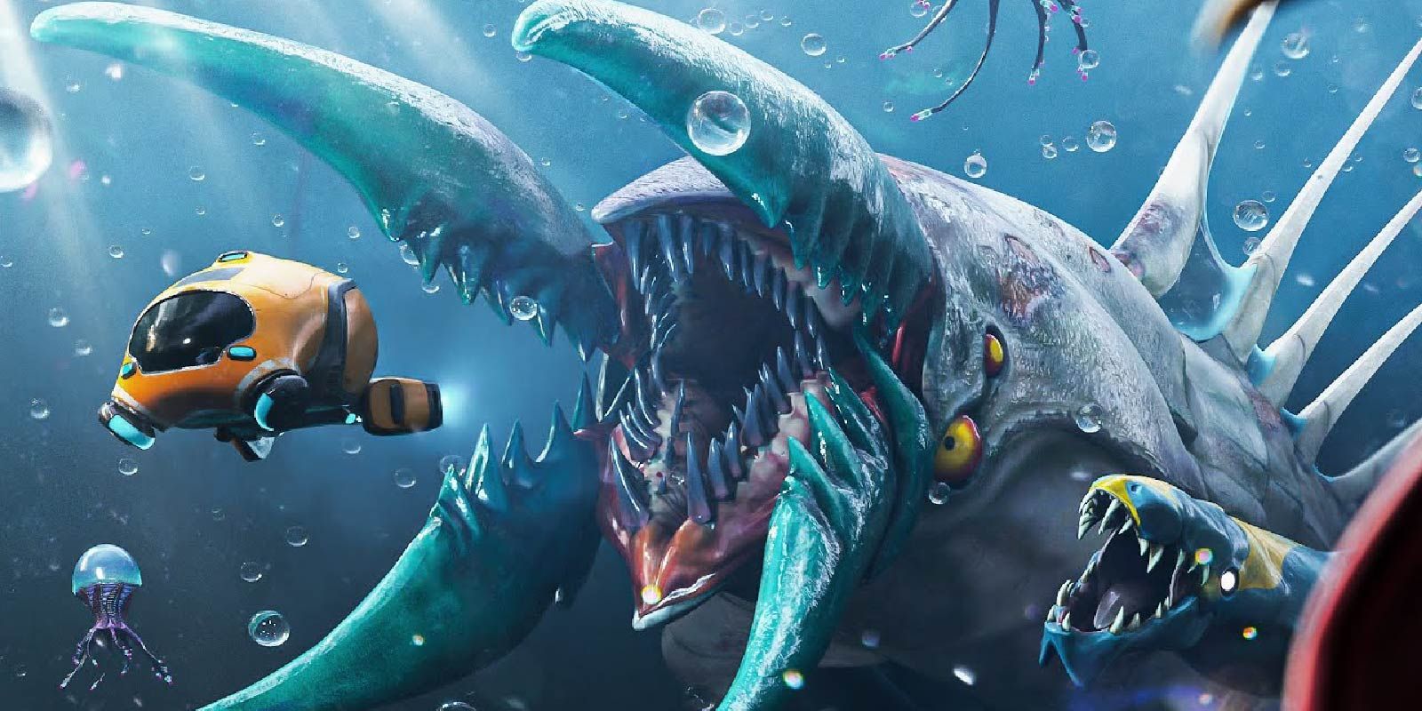 A leviathan attacking a sub in Subnautica: Below Zero.