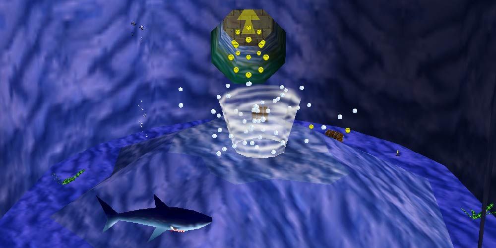 An underwater view of a cavern beneath Dire Dire Docks in Super Mario 64.