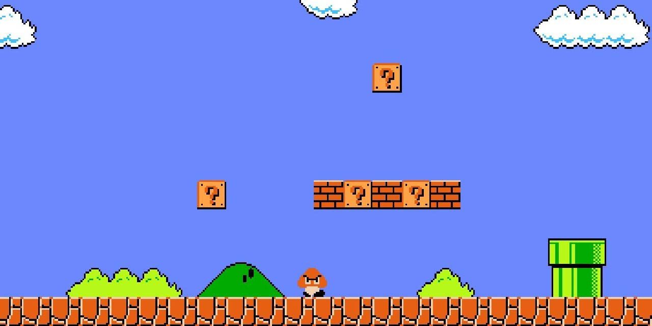 A view of World 1-1 in Super Mario Bros., featuring a single Goomba.